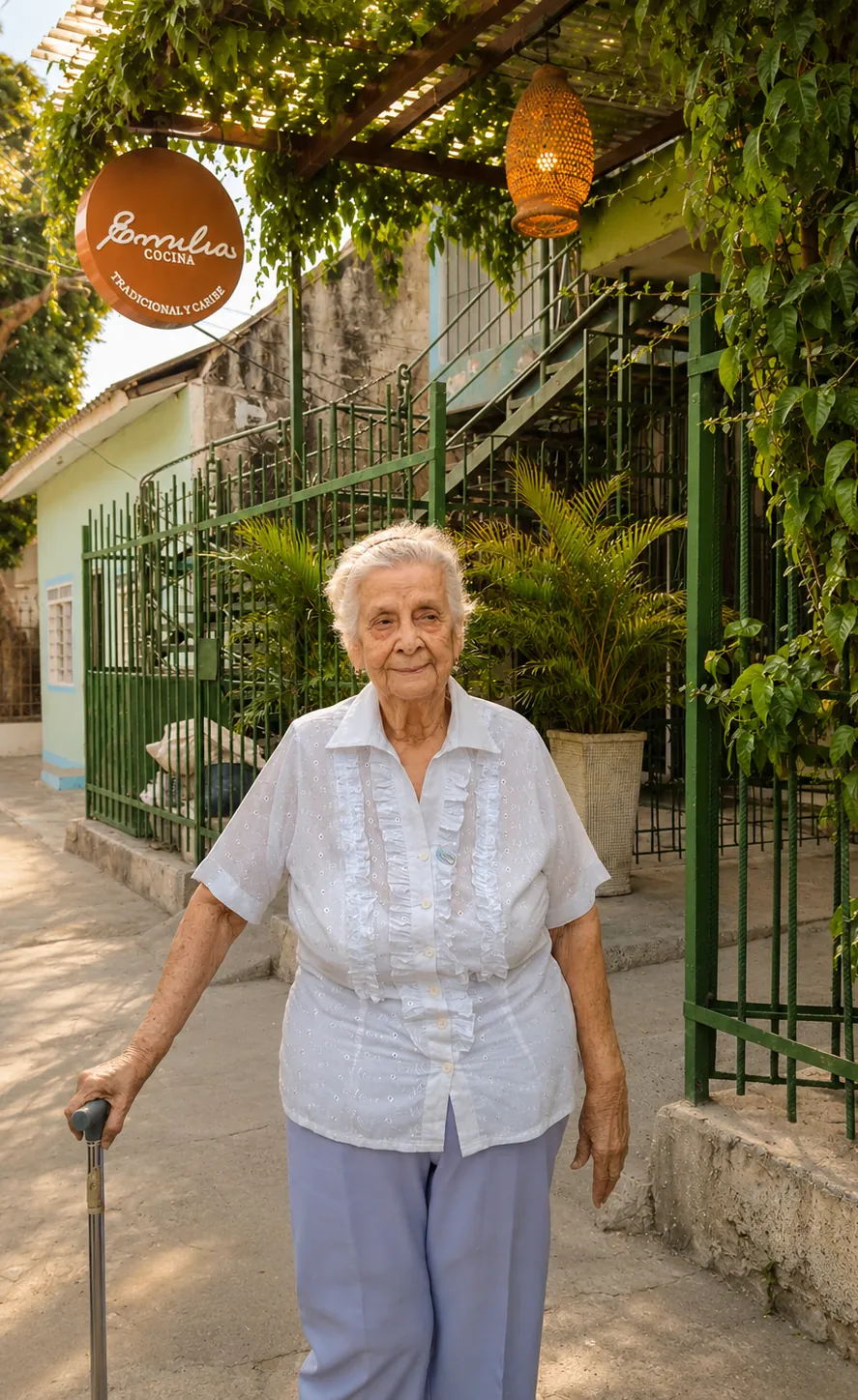 Doña Emilia en la entrada del restaurante
